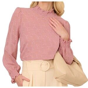 ADRIANNA PAPELL Women's Long Sleeve Smocked Mock Neck Top Size L Deauville Mauve